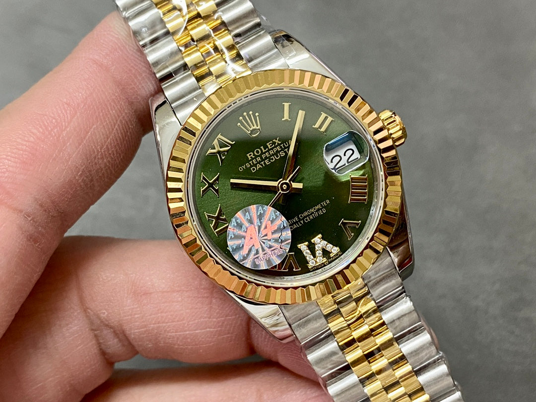 DATEJUST 31MM GOLD STEEL DIAMOND NUMERALS GREEN DIAL