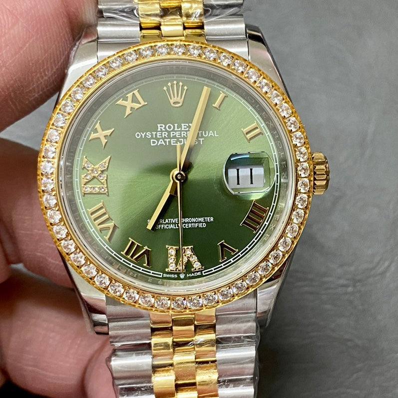 DATEJUST 31MM GOLD STEEL DIAMOND BEZEL GREEN DIAL