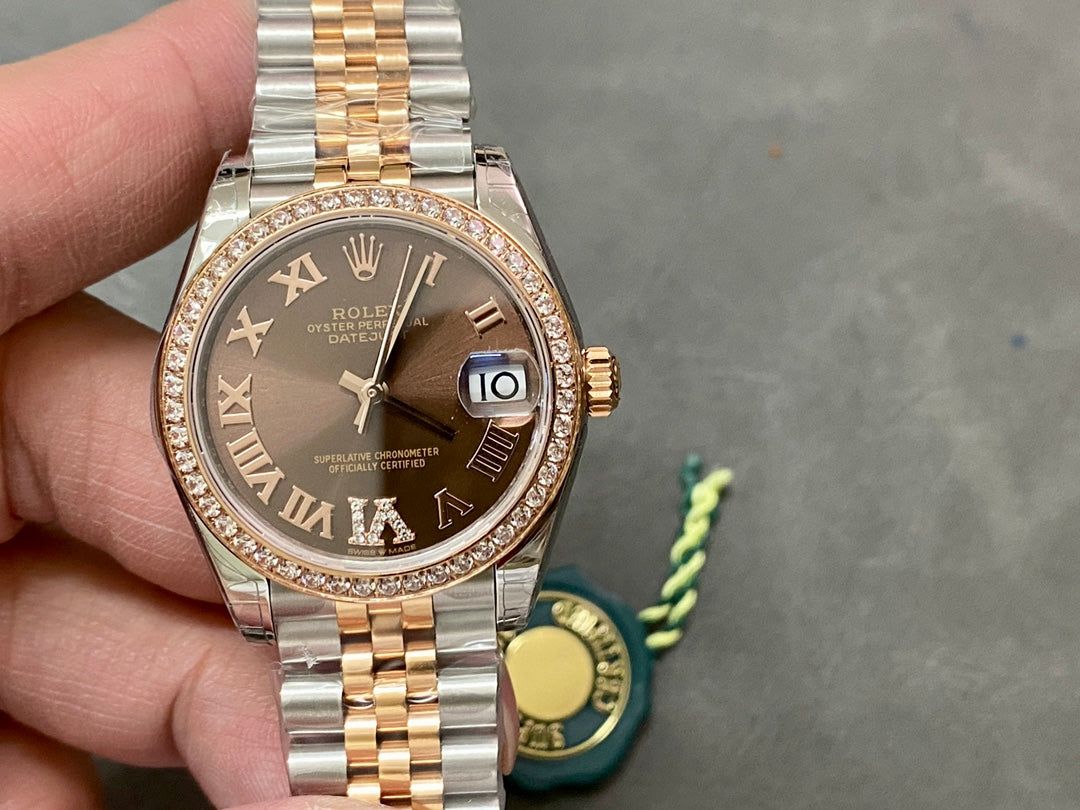 DATEJUST 31MM PINK GOLD STEEL CHOCOLATE DIAL
