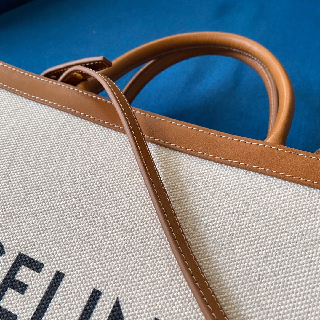 small vertical cabas 28cm beige canvas tan calfskin