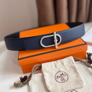 Hm Ithaque Belt Silver Buckle & Reversible Navy Blue And Black Leather Strap 38Mm