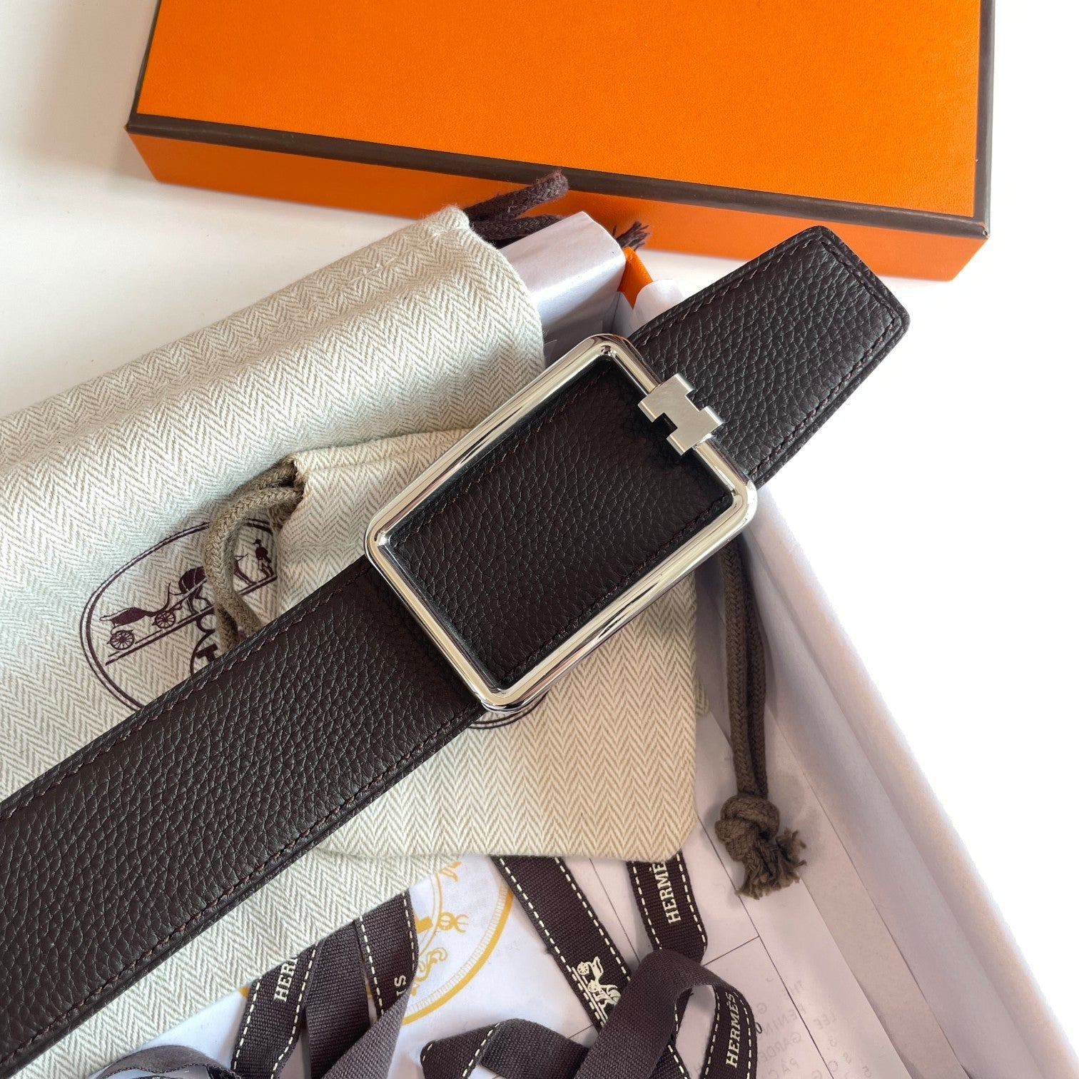 Tube H Belt Gold Buckle & Reversible Dark Brown Leather Strap 38Mm