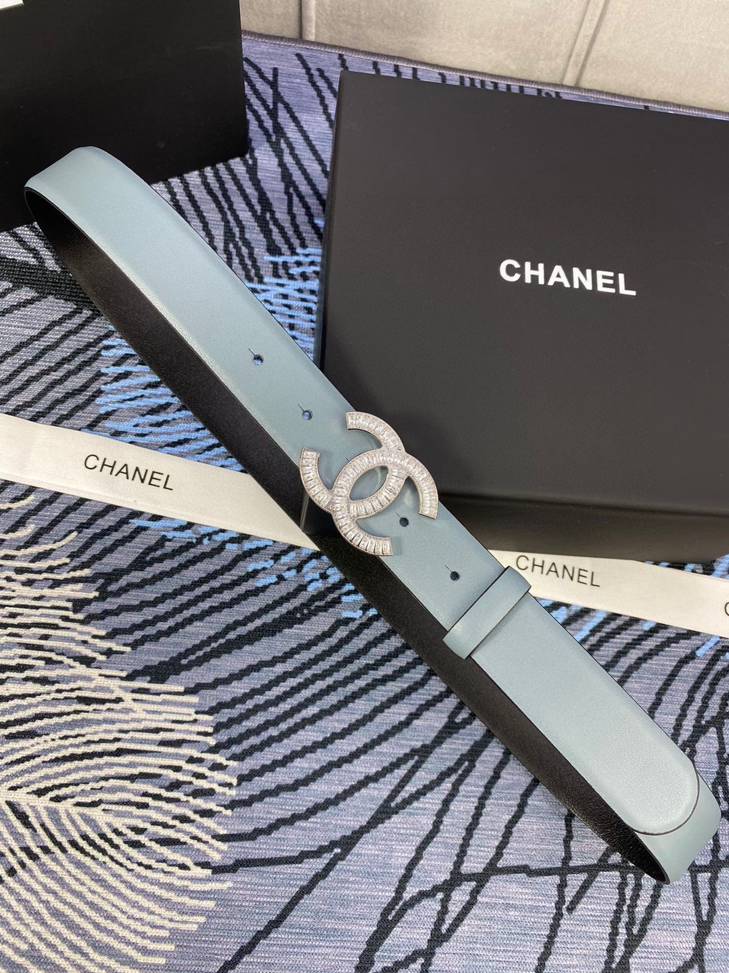 Chanel 25S Belt 30 Mm In Grey Blue Calfskin With Silver Hardware 615102