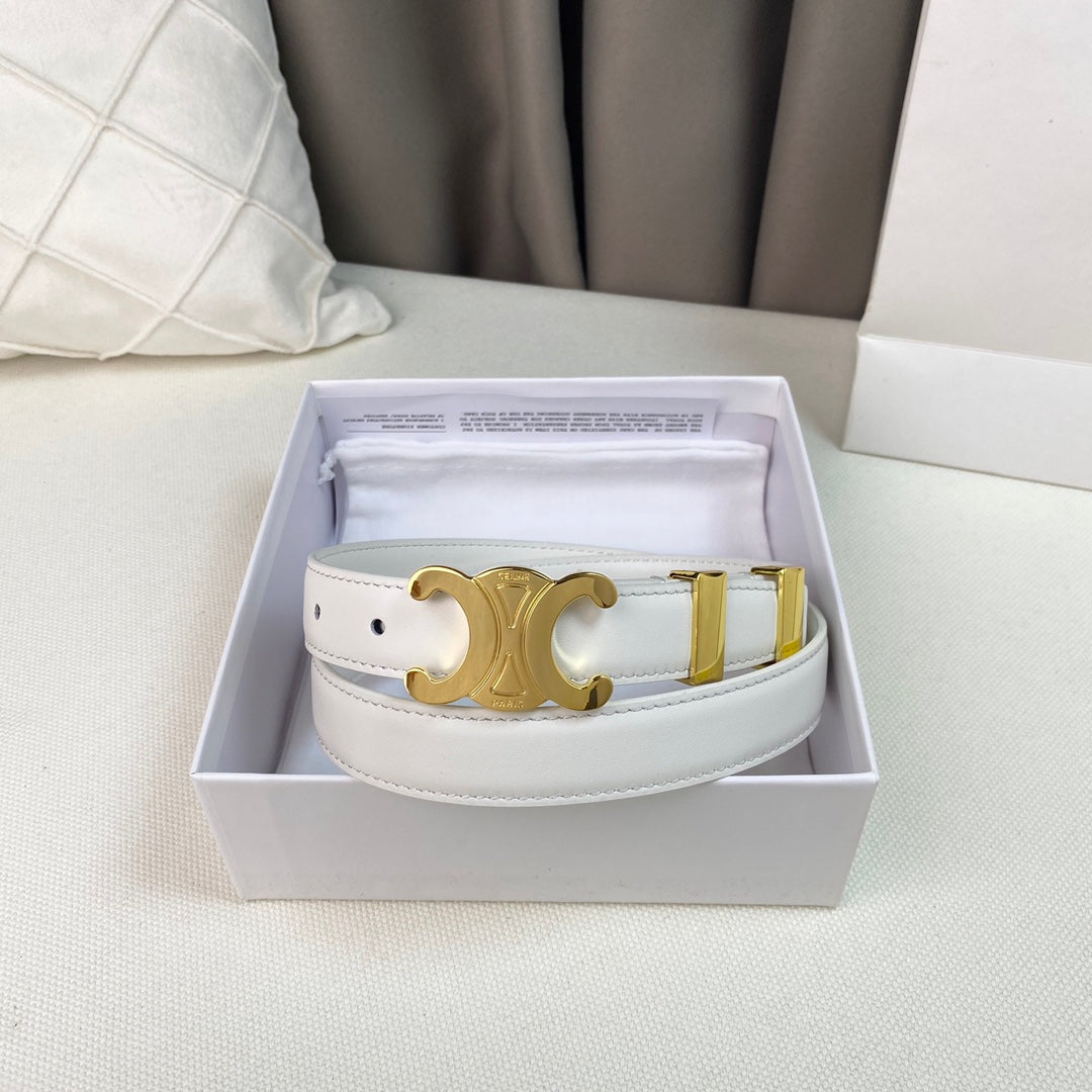 Medium Triomphe Belt 25Mm White Calfskin Gold Loop Ghw