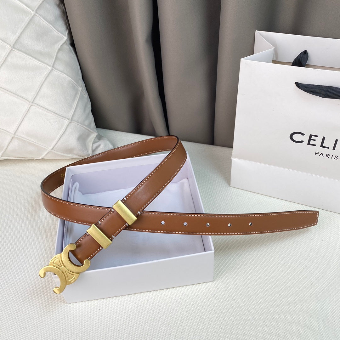 Medium Triomphe Belt 25Mm Tan Calfskin Gold Loop Ghw
