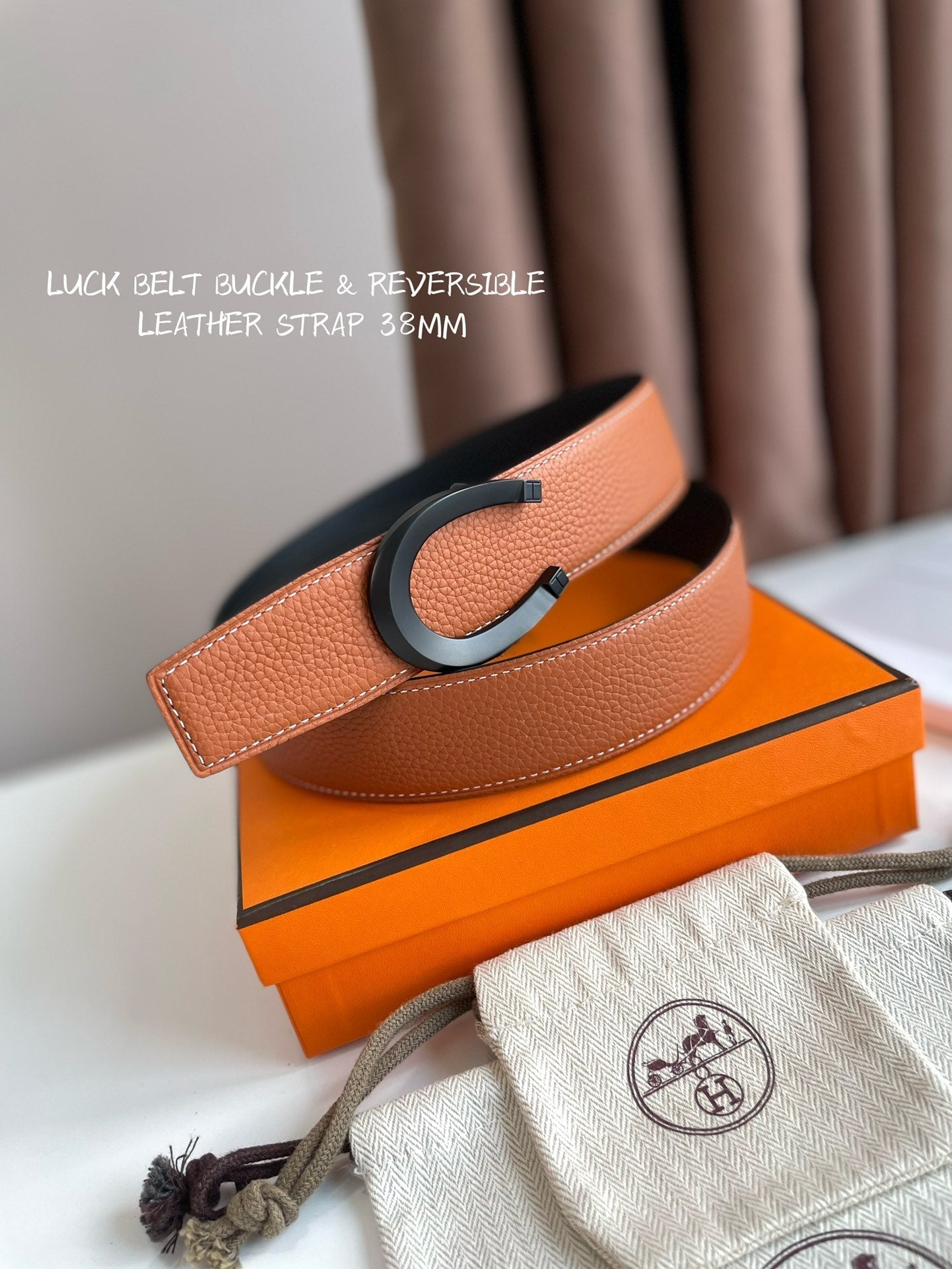 Hm Luck Belt Buckle & Reversible Ginger Orange And Black Leather Strap 38Mm