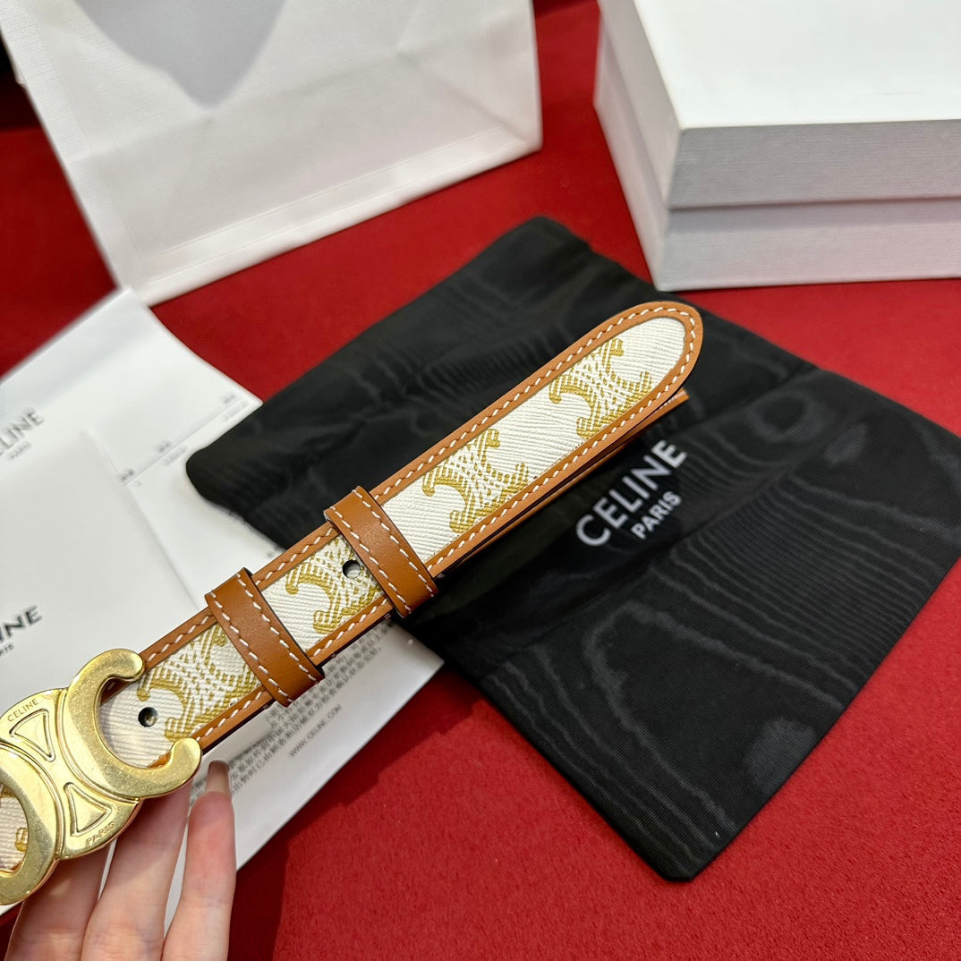 Belt 25Mm In White And Brown Calfskin With Logo Print And Gold Buckle