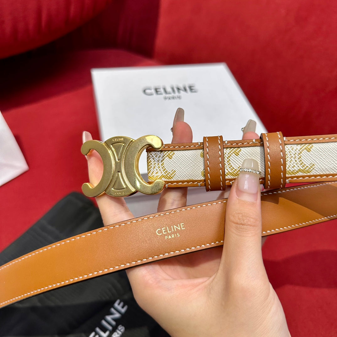 Belt 25Mm In White And Brown Calfskin With Logo Print And Gold Buckle