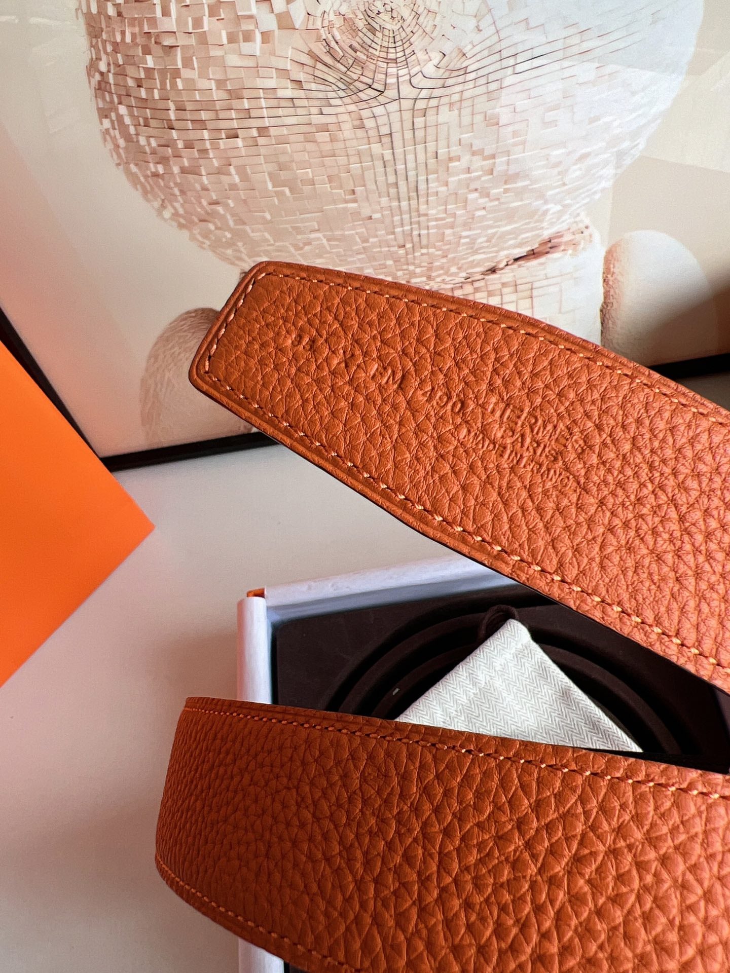 Hm Royal Belt Buckle & Reversible Noir And Orange Leather Strap 32 Mm Gold Hardware