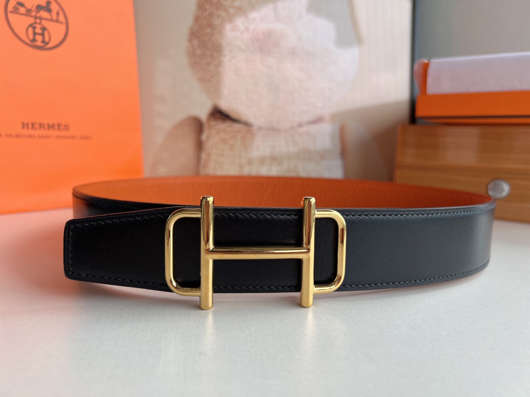 Hm Royal Belt Buckle & Reversible Noir And Orange Leather Strap 32 Mm Gold Hardware