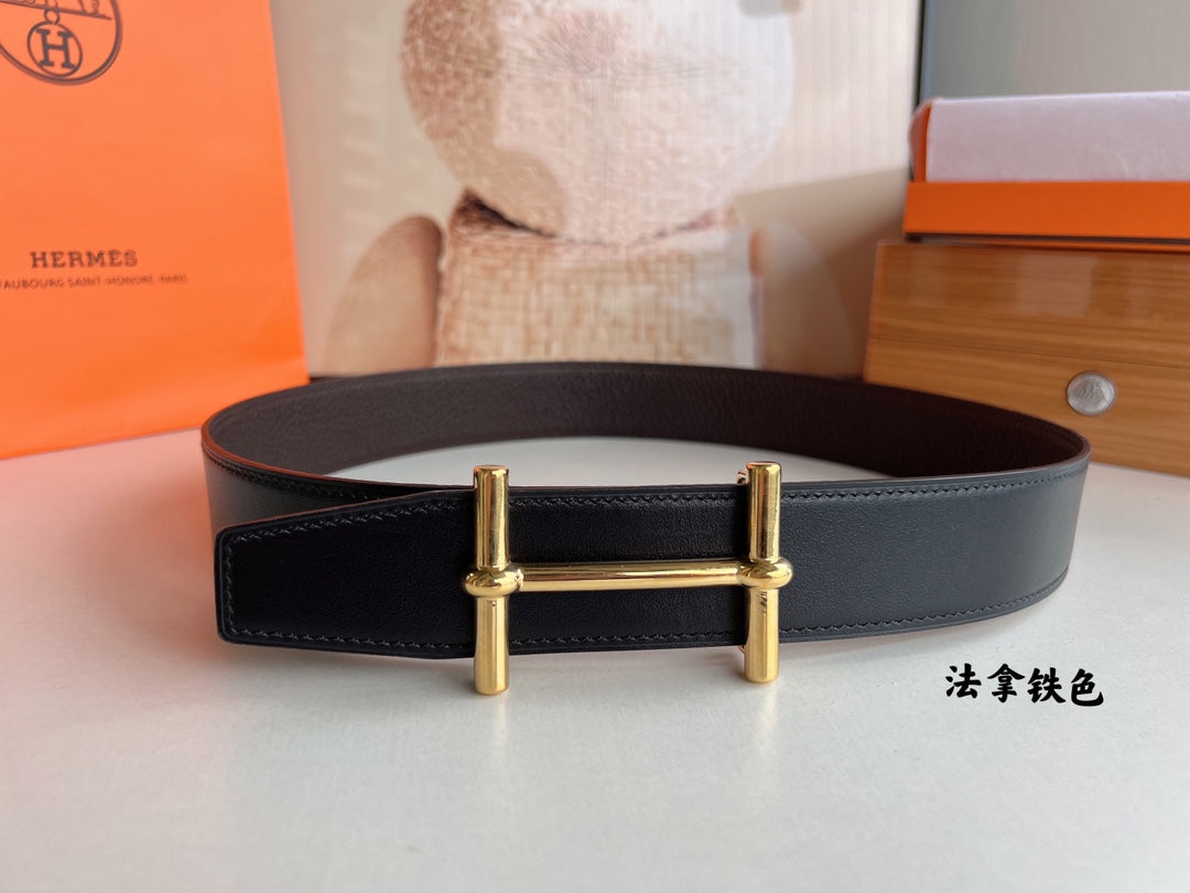 Hm H D'Ancre Belt Buckle & Reversible Chocolate Brown Leather Strap 38 Mm Gold Hardware