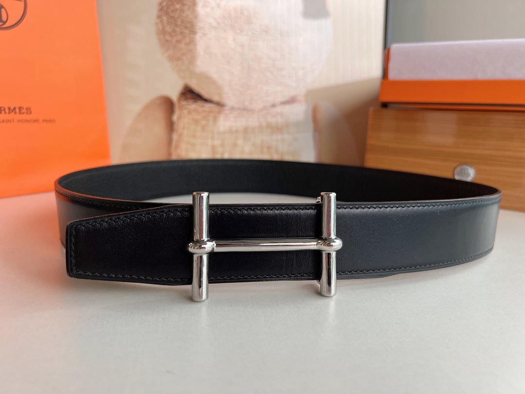 Hm H D'Ancre Belt Buckle & Reversible Black Leather Strap 38 Mm Silver Hardware