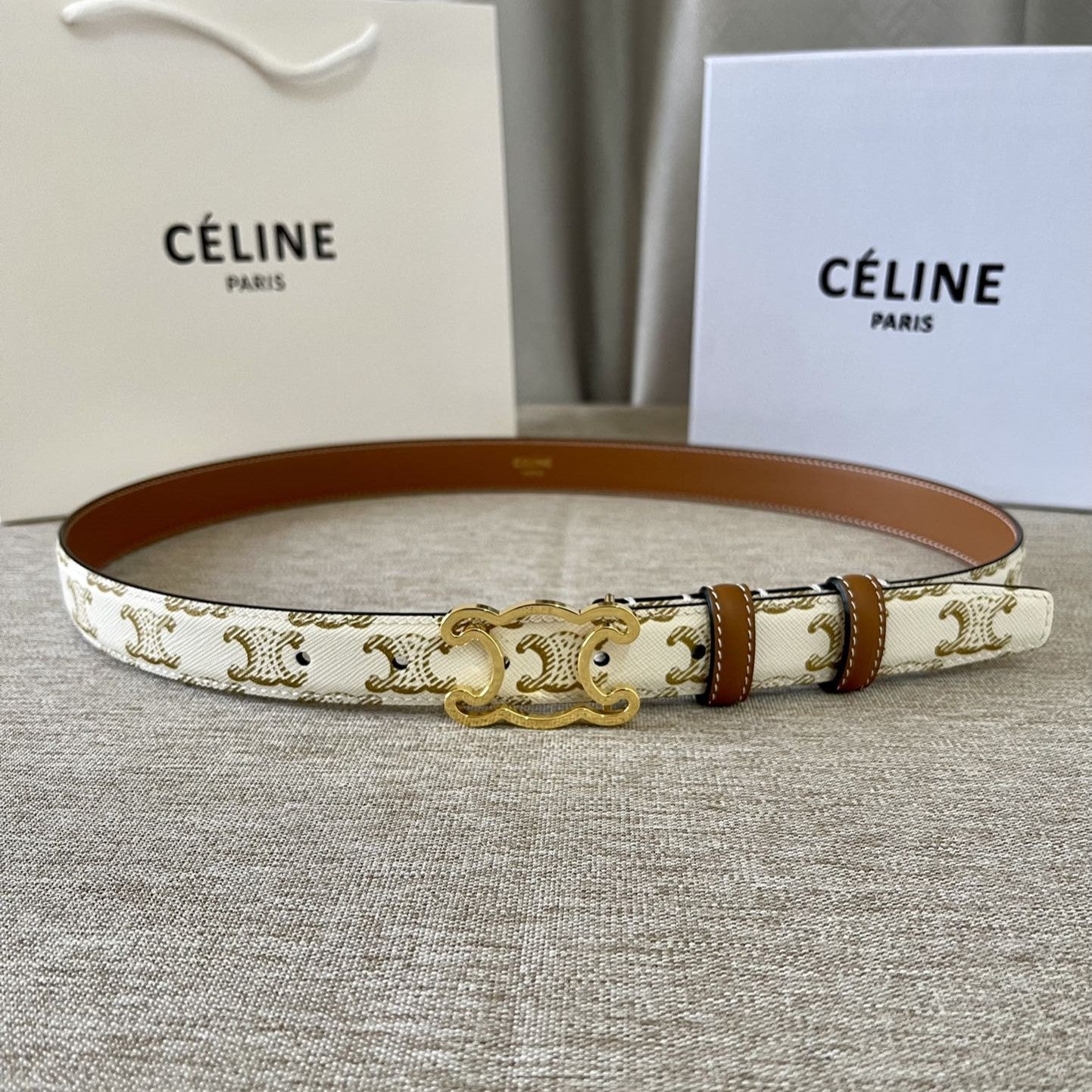 Cl Logo Cut-Out Belt 25Mm White Tan Triomphe Canvas Ghw