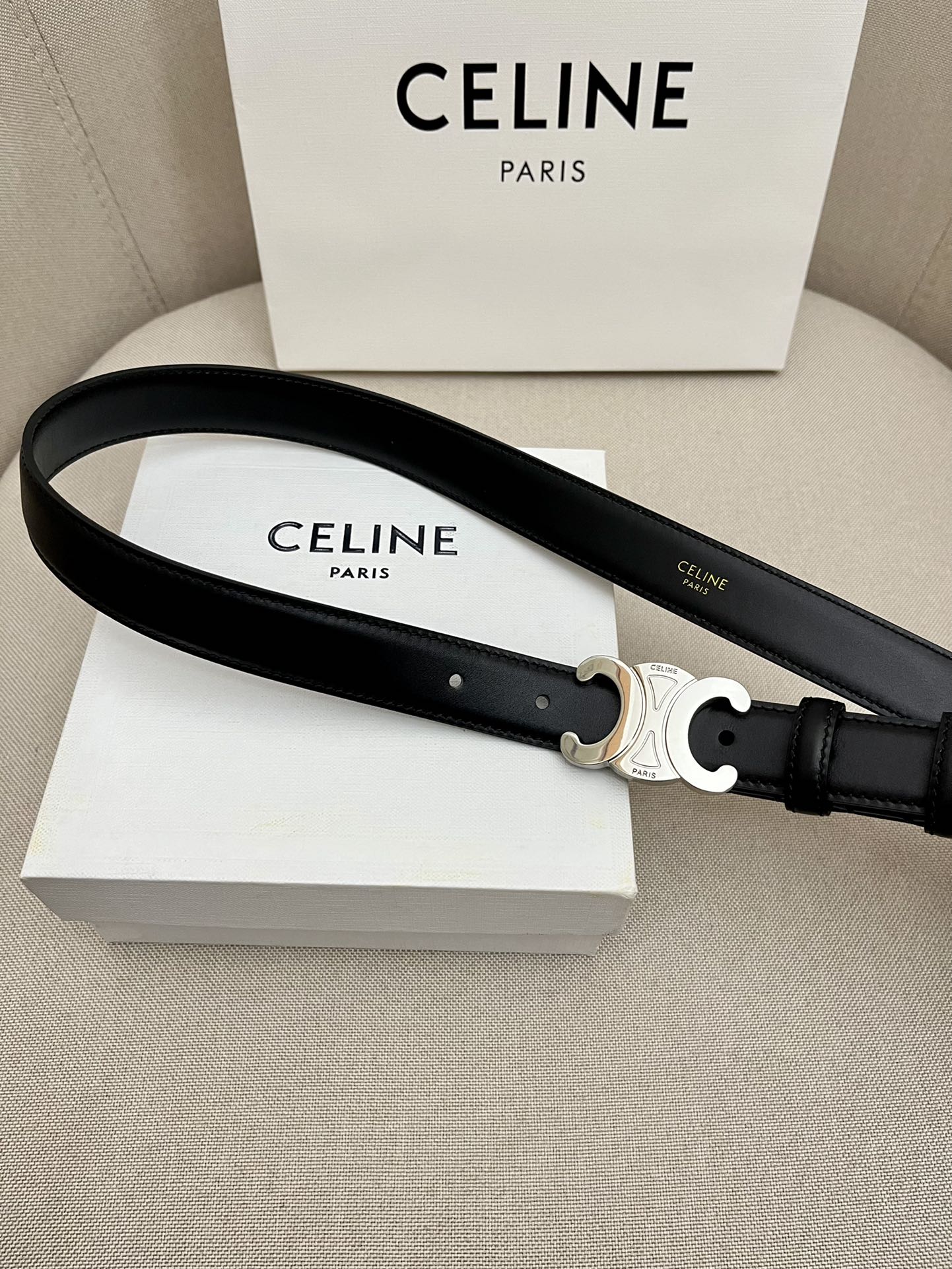 Celine 25S Triomphe 25Mm Belt In Black Calfskin Silver Hardware