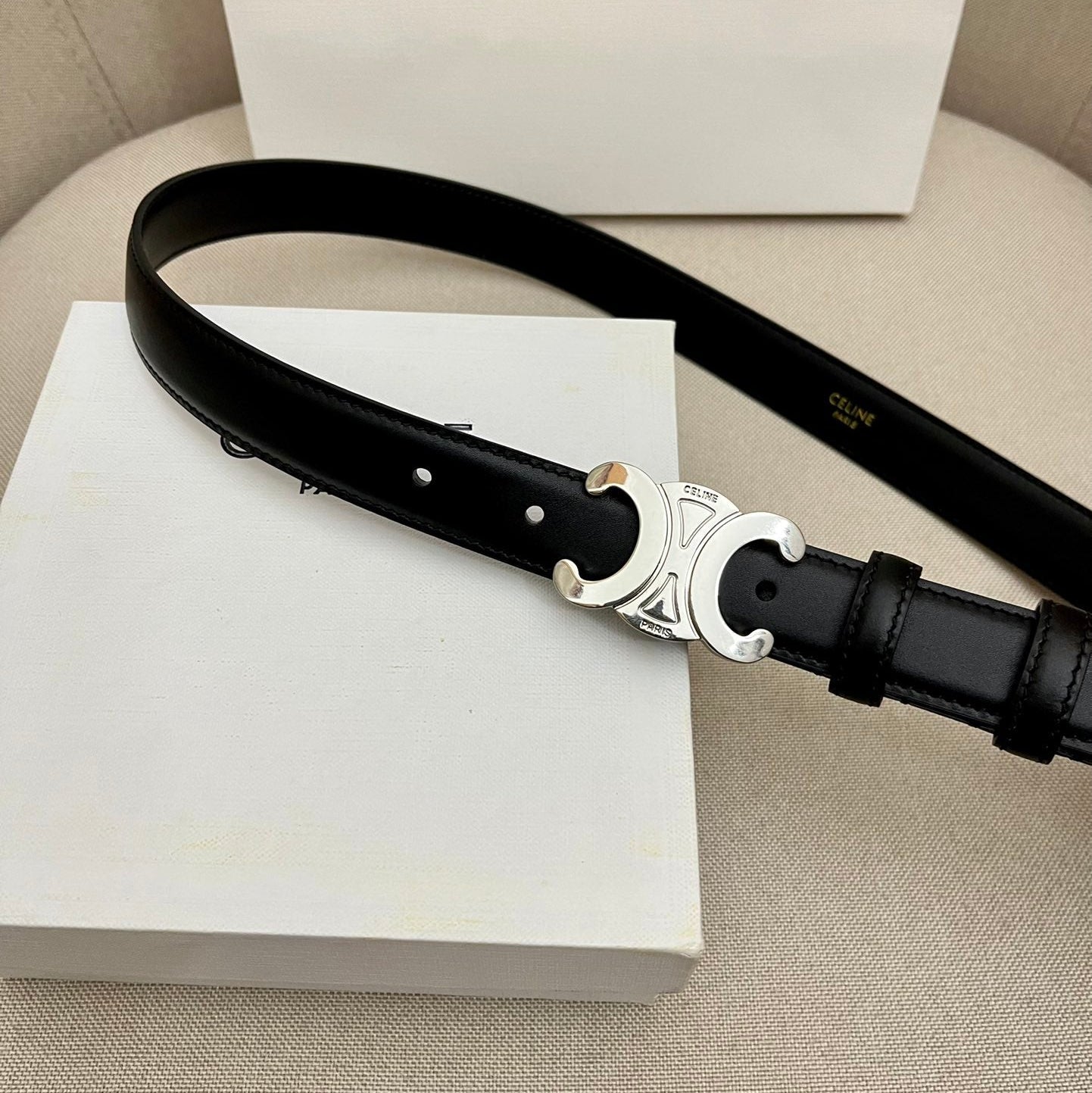 Celine 25S Triomphe 25Mm Belt In Black Calfskin Silver Hardware