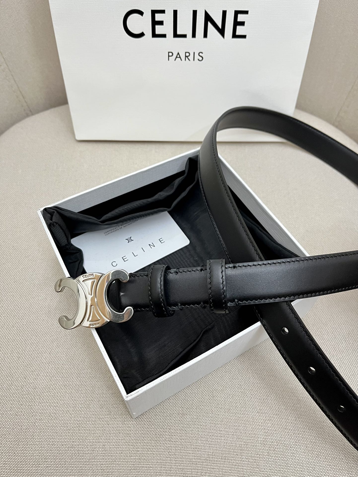 Celine 25S Triomphe 25Mm Belt In Black Calfskin Silver Hardware