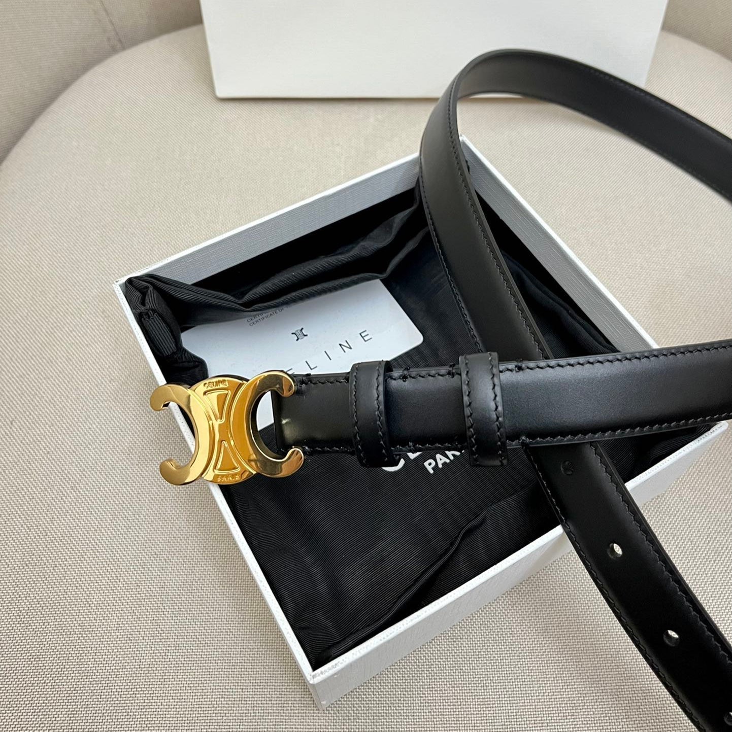 Celine 25S Triomphe 25Mm Belt In Black Calfskin Glod Hardware