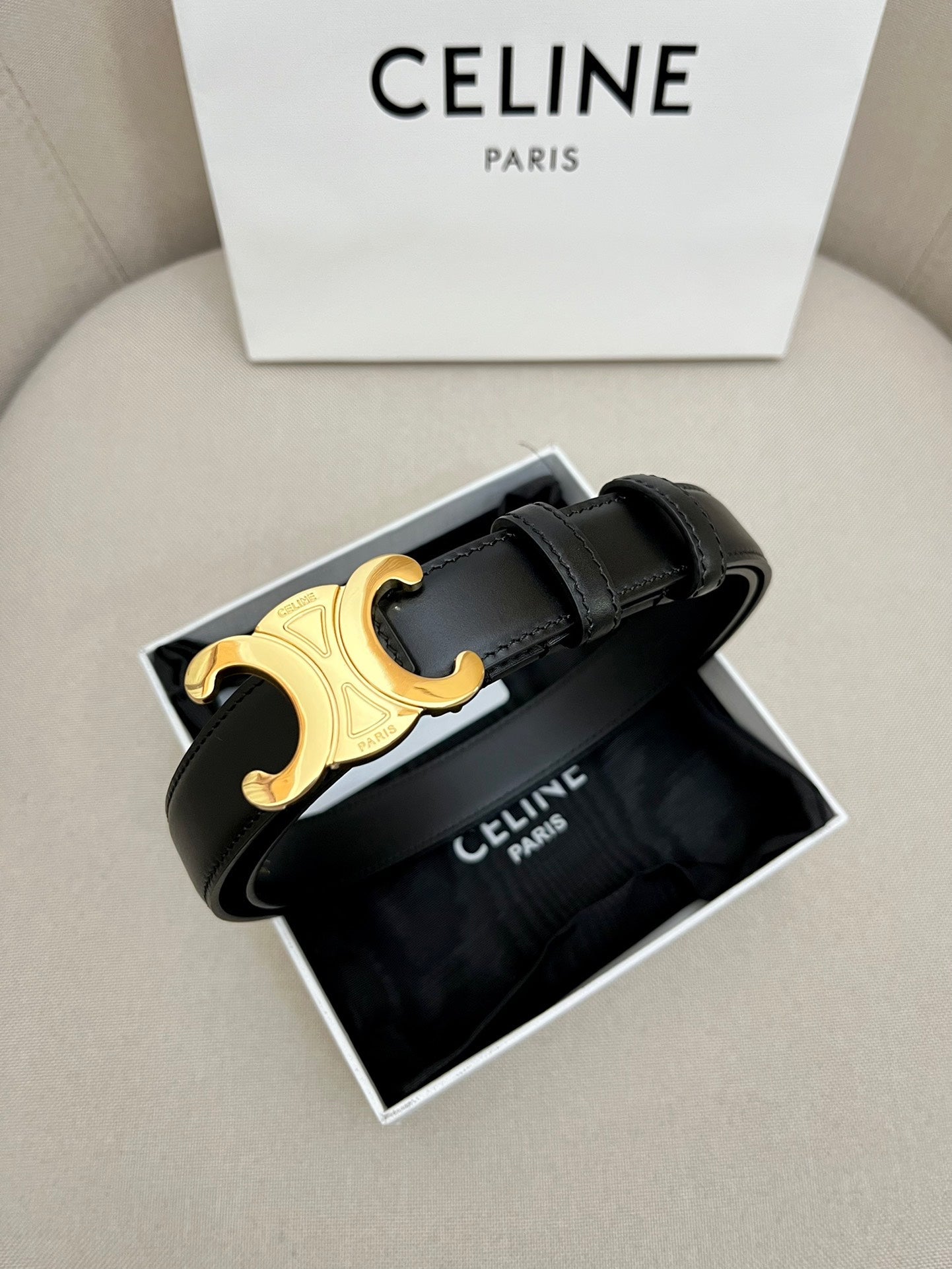 Celine 25S Triomphe 25Mm Belt In Black Calfskin Glod Hardware