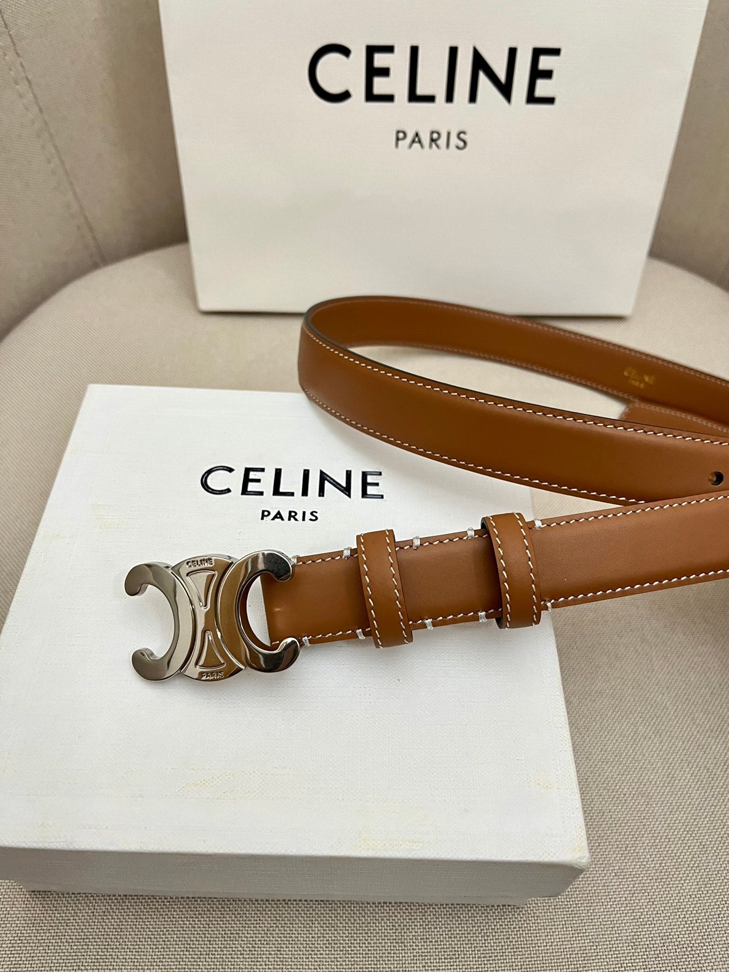 Celine 25S Triomphe 25Mm Belt In Caramel Calfskin Silver Hardware