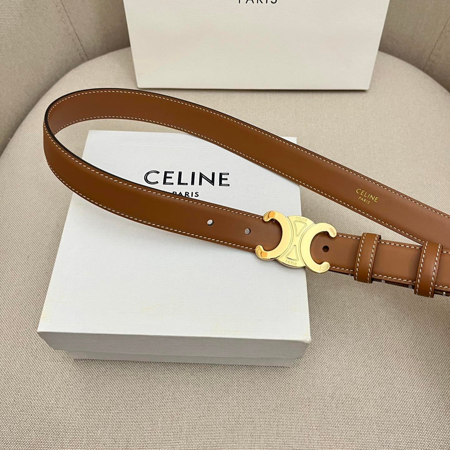 Celine 25S Triomphe 25Mm Belt In Caramel Calfskin Glod Hardware