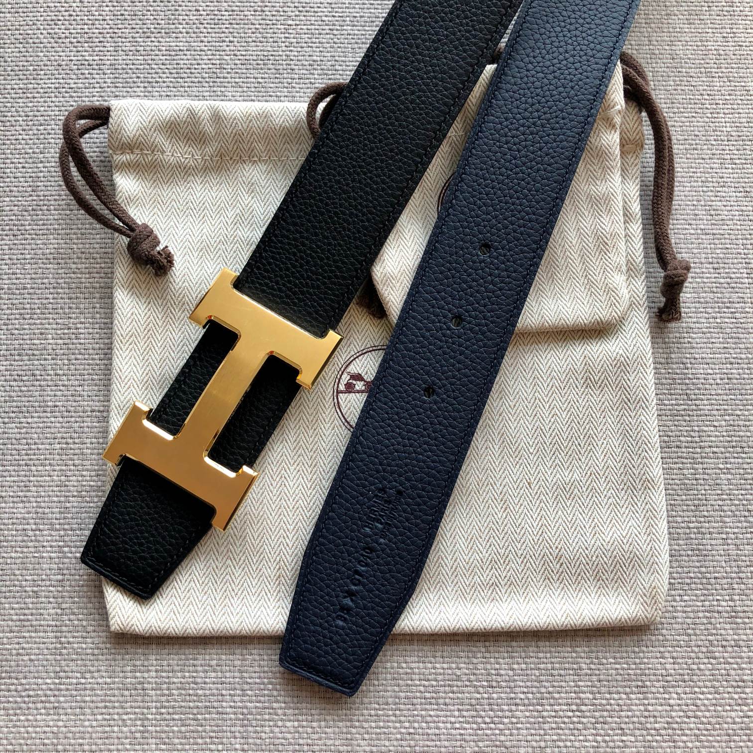 Hm Belt Buckle & Reversible Black Leather Strap 38Mm Gold Hardware