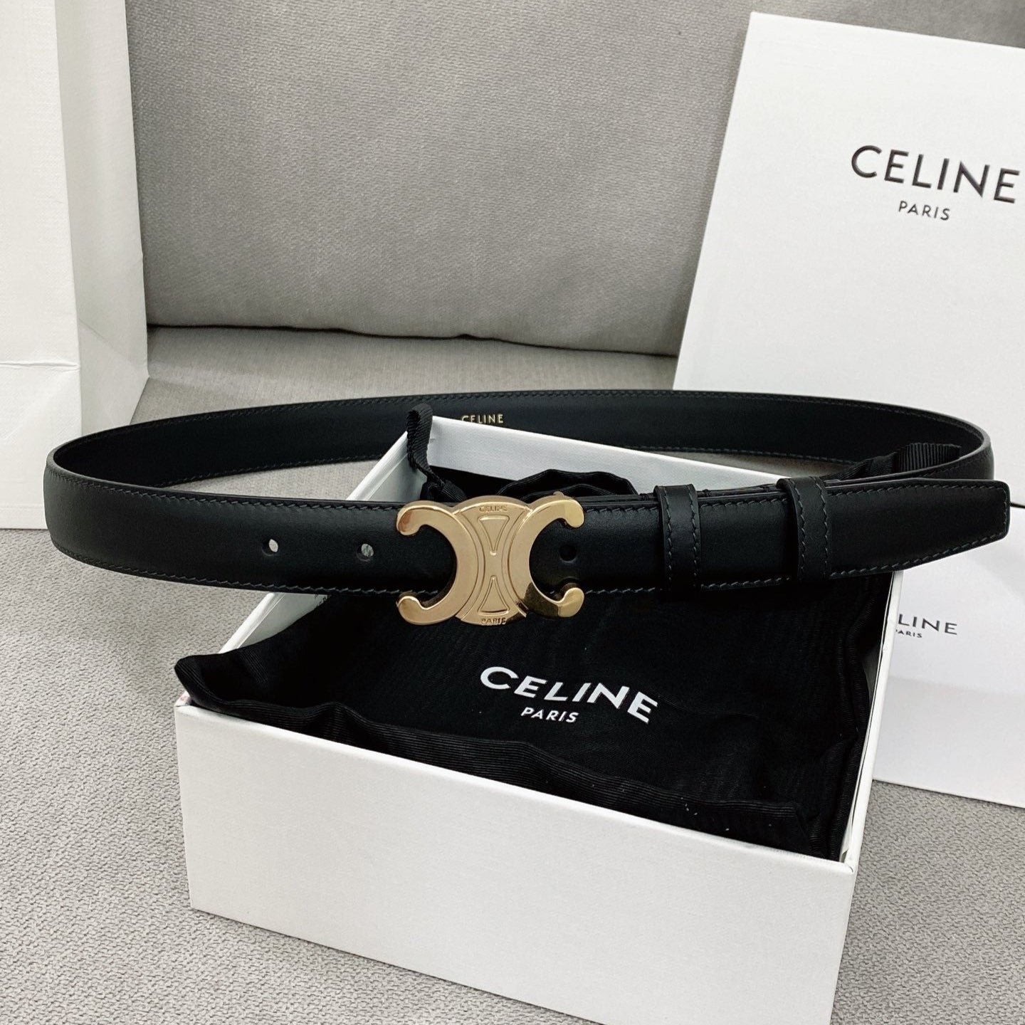 Celine 25S Triomphe Belt 25Mm In Black Calfskin Glod Hardware 580679