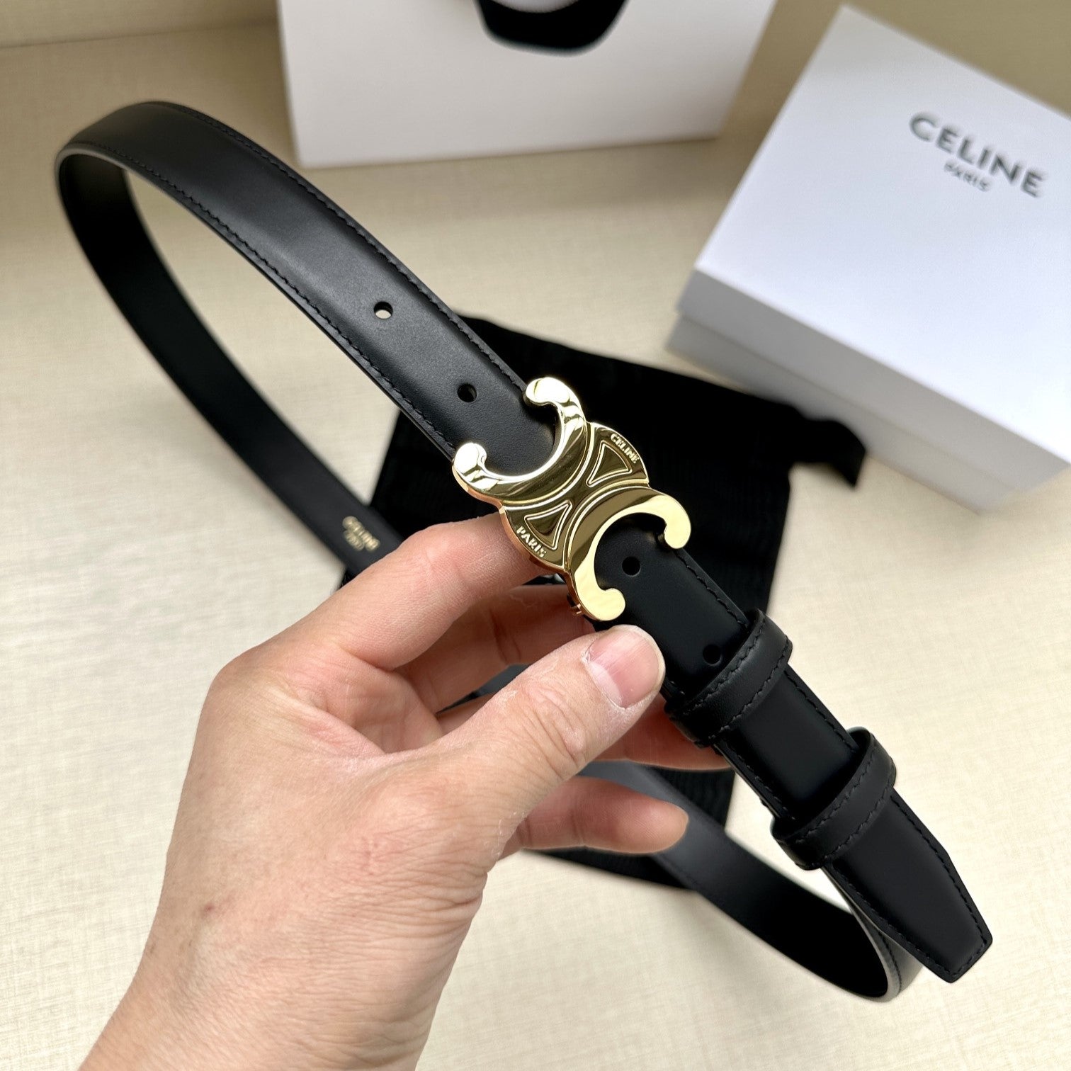 Medium Triomphe Belt 25Mm Black Calfskin Ghw