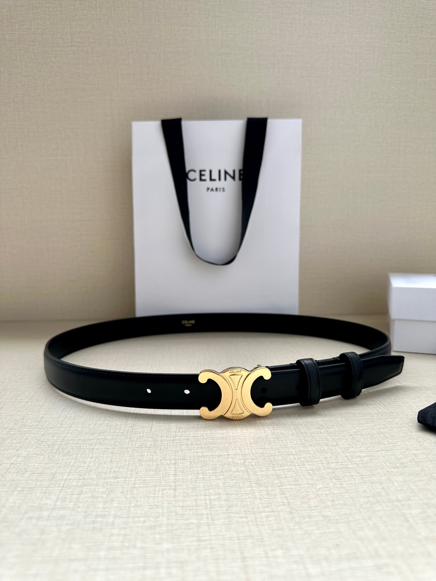 Medium Triomphe Belt 25Mm Black Calfskin Ghw