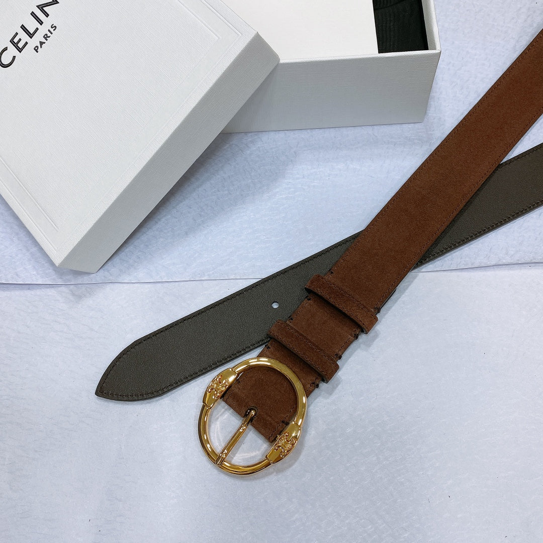 Cl Large 35Mm Twin Triomphe Belt In Chocolate Brown Suede Gold Hardware