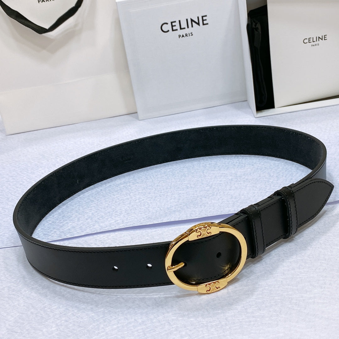 Cl Large 35Mm Twin Triomphe Belt In Black Calfskin Gold Hardware