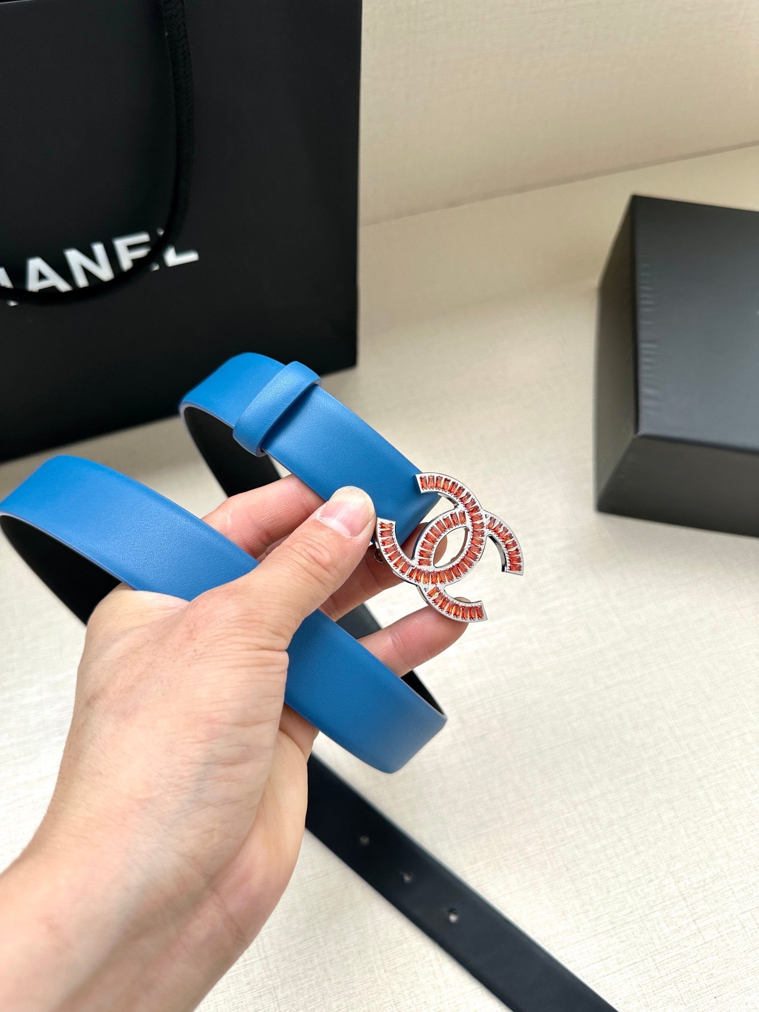 Chanel 25S Belt 30 Mm In Blue Calfskin 616963