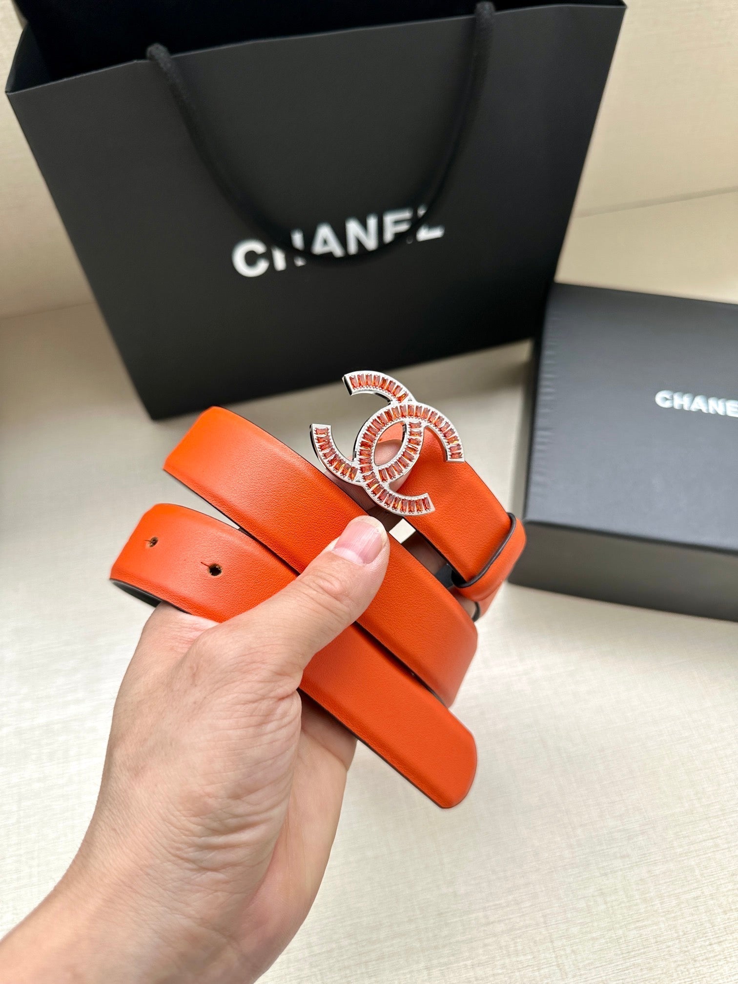 Chanel 25S Belt 30 Mm In Orange Calfskin 616965