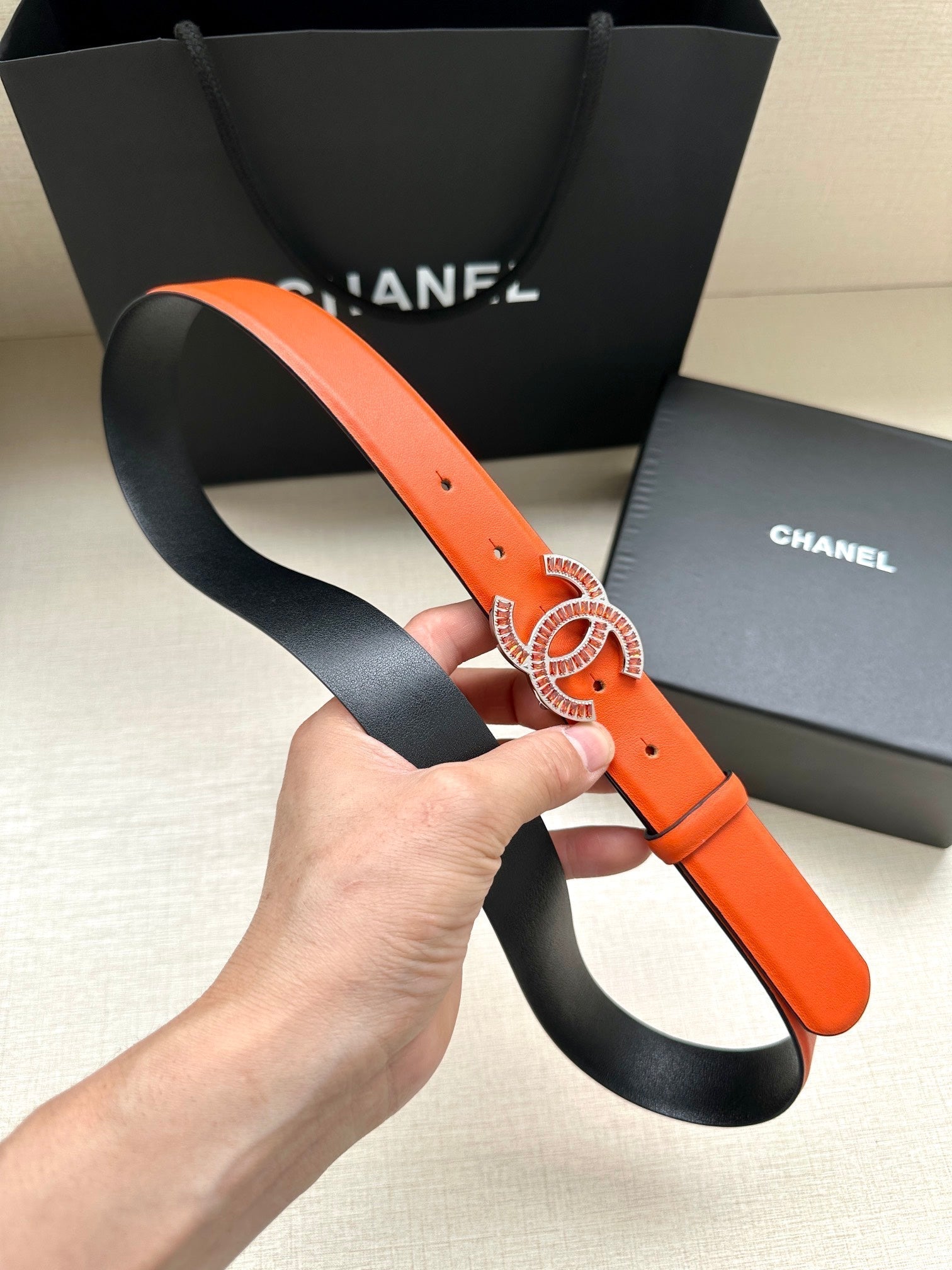 Chanel 25S Belt 30 Mm In Orange Calfskin 616965