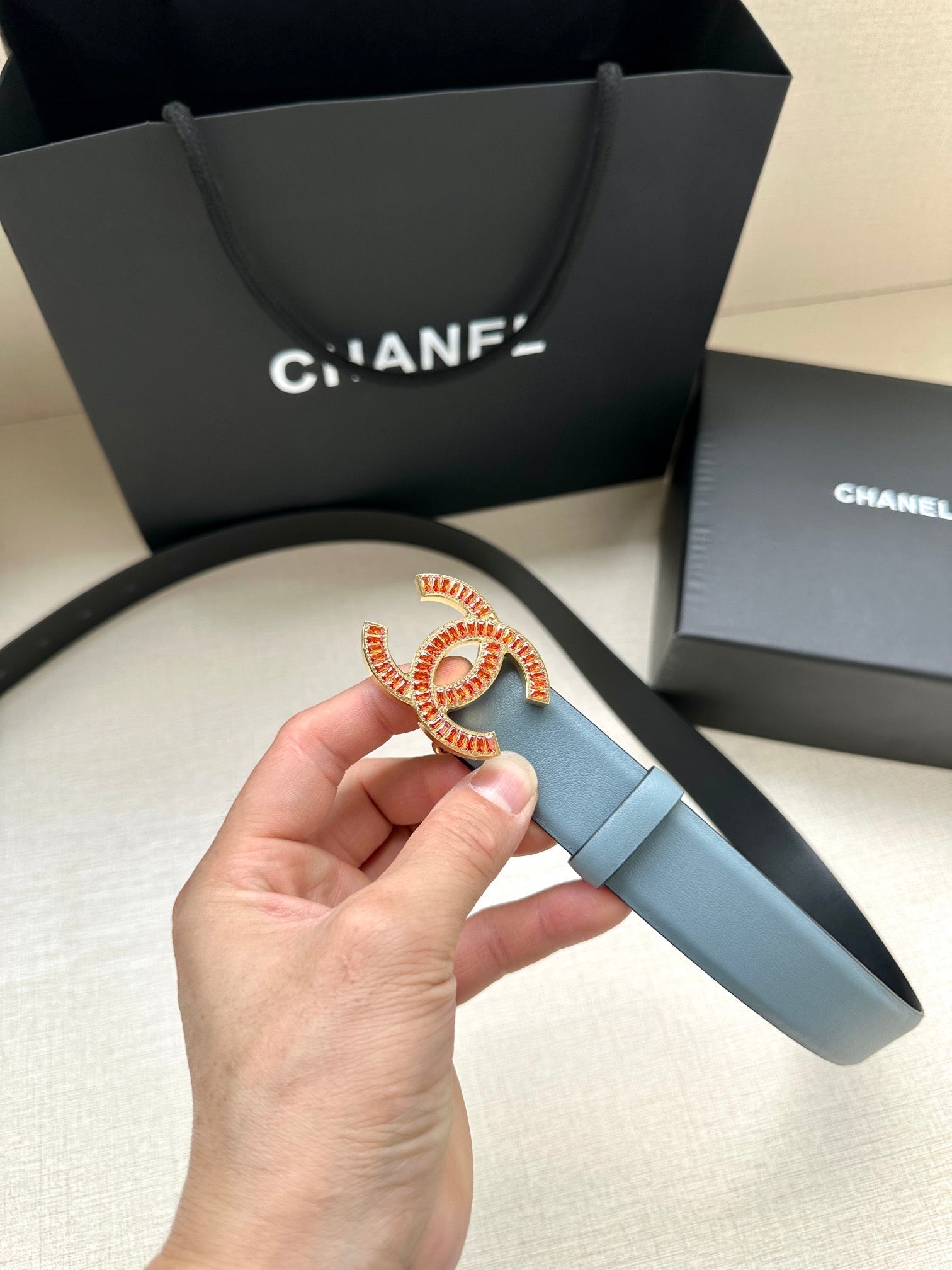 Chanel 25S Belt 30 Mm In Light Steel Blue Calfskin 616966