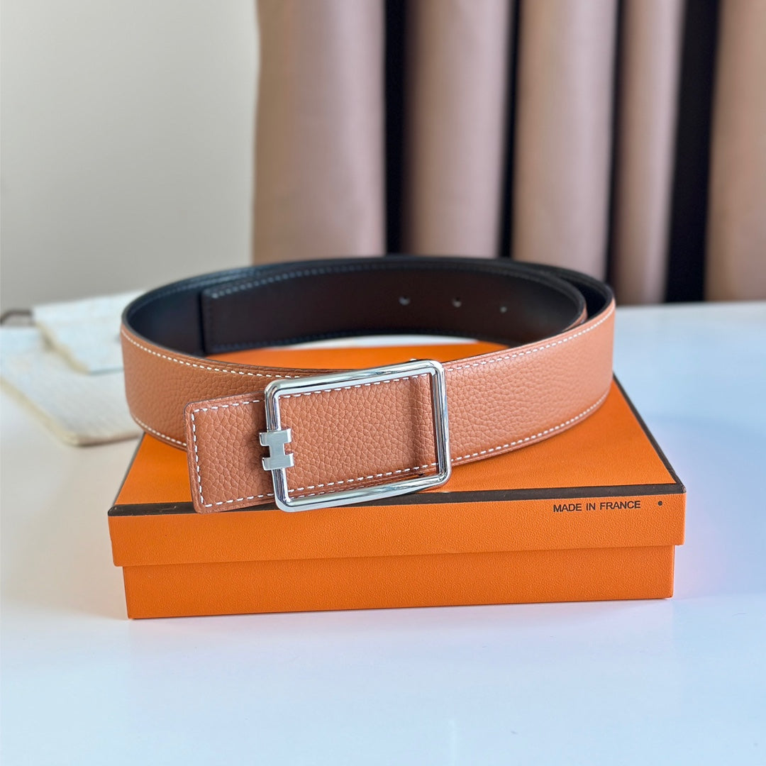 Hm Tube H Belt Buckle & Reversible Black And Yam Orange Leather Strap 38Mm Silver Hardware