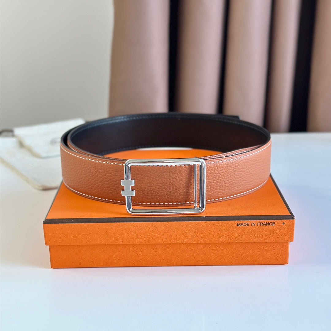 Hm Tube H Belt Buckle & Reversible Black And Yam Orange Leather Strap 38Mm Silver Hardware