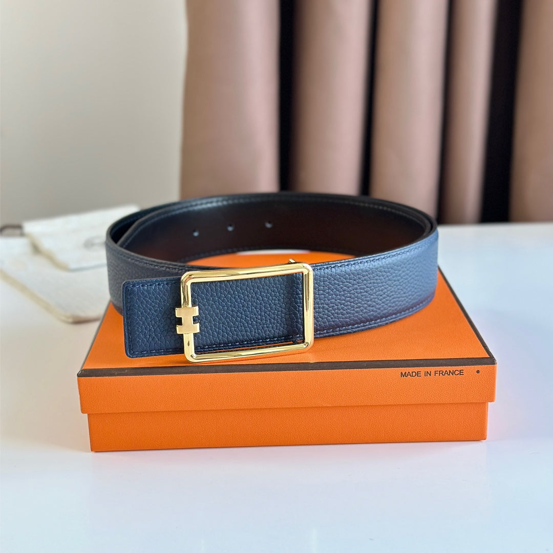 Hm Tube H Belt Buckle & Reversible Black And Aegean Blue Leather Strap 38Mm Gold Hardware