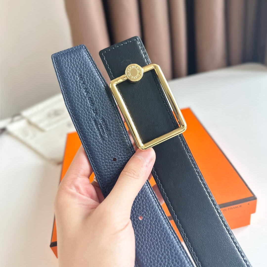 Hm Oscar Belt Buckle & Reversible Black And Aegean Blue Leather Strap 38Mm Gold Hardware