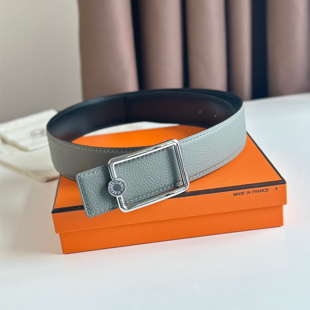 Hm Oscar Belt Buckle & Reversible Black And Ash Grey Leather Strap 38Mm Silver Hardware