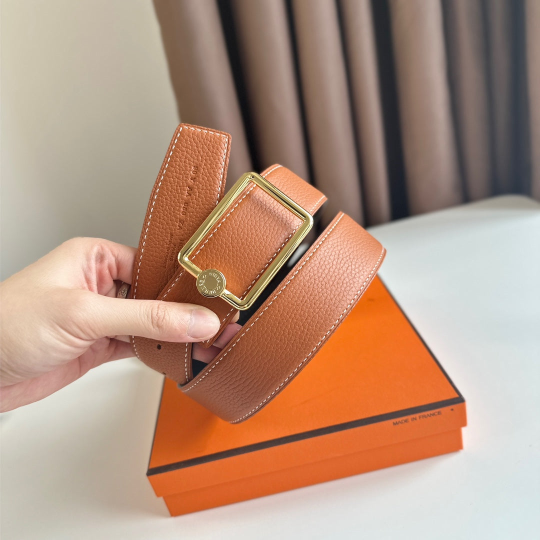 Hm Oscar Belt Buckle & Reversible Yam Orange And Black Leather Strap 38Mm Gold Hardware