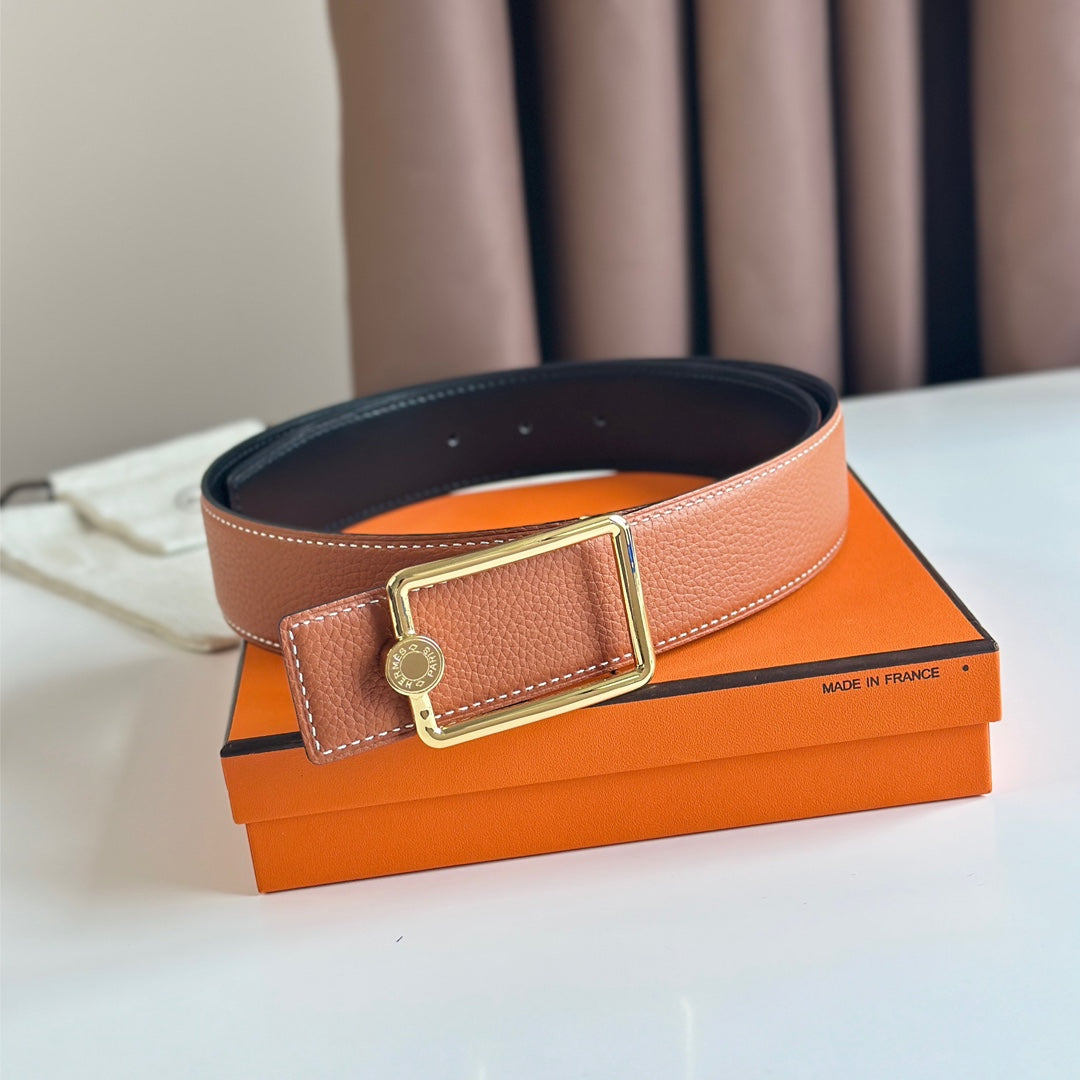 Hm Oscar Belt Buckle & Reversible Yam Orange And Black Leather Strap 38Mm Gold Hardware