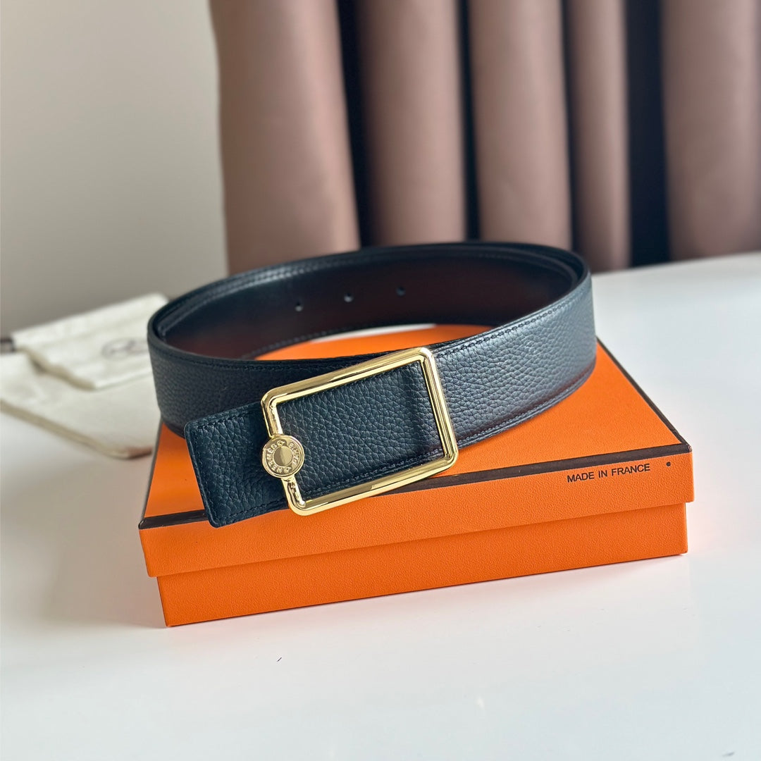 Hm Oscar Belt Buckle & Reversible Black Leather Strap 38Mm Gold Hardware