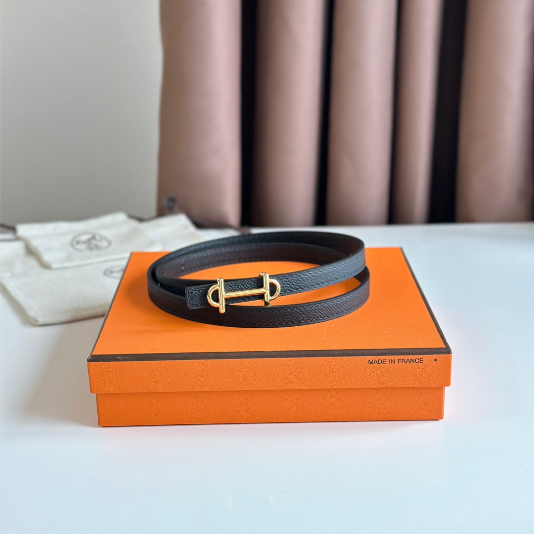 Hm Gamma Buckle & Reversible Black Leather Strap 13Mm Gold Hardware