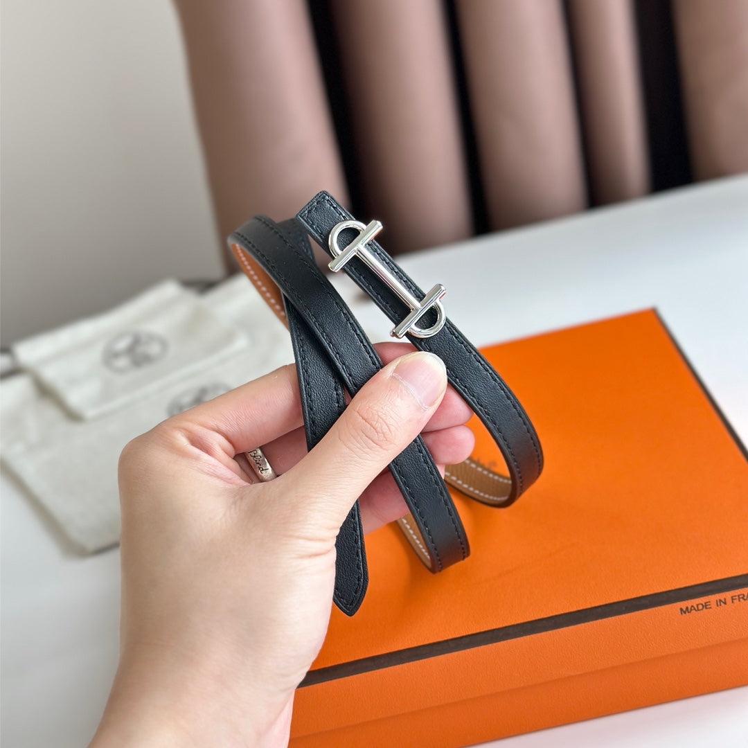 Hm Gamma Buckle & Reversible Bronze Brown And Black Leather Strap 13Mm Silver Hardware