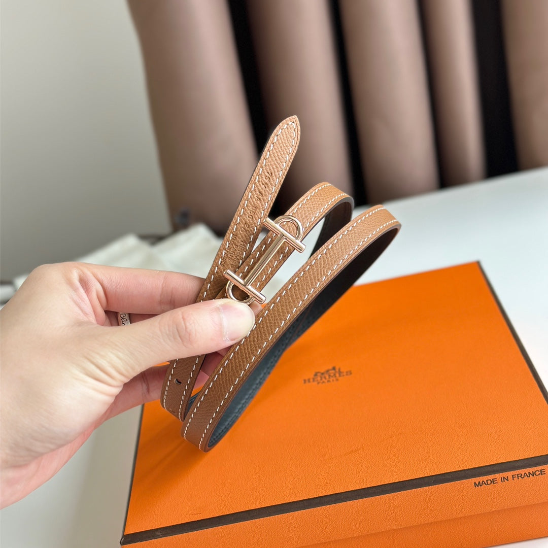 Hm Gamma Buckle & Reversible Bronze Brown And Black Leather Strap 13Mm Copper Hardware