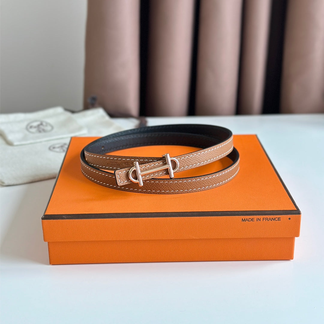 Hm Gamma Buckle & Reversible Bronze Brown And Black Leather Strap 13Mm Copper Hardware
