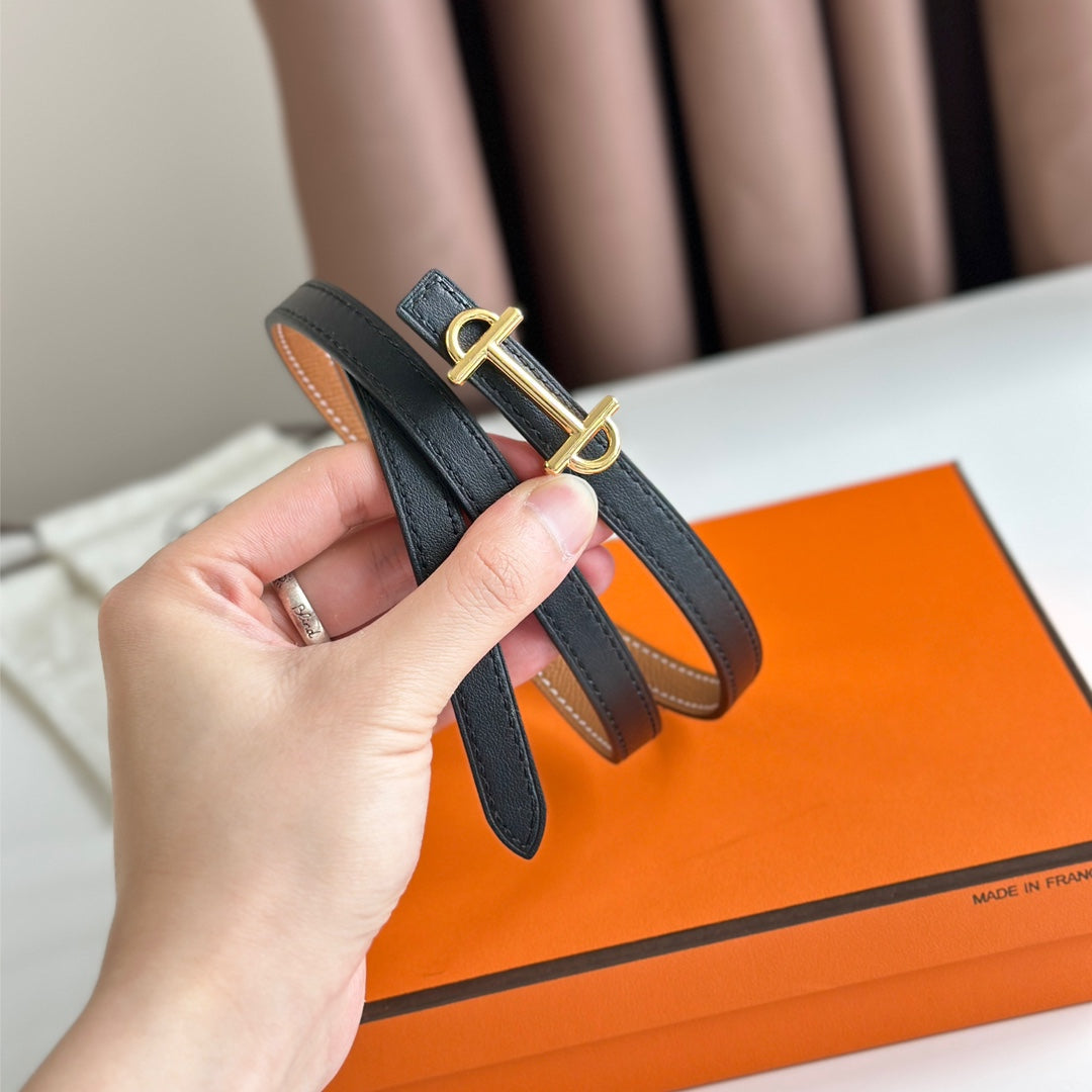 Hm Gamma Buckle & Reversible Bronze Brown And Black Leather Strap 13Mm Gold Hardware