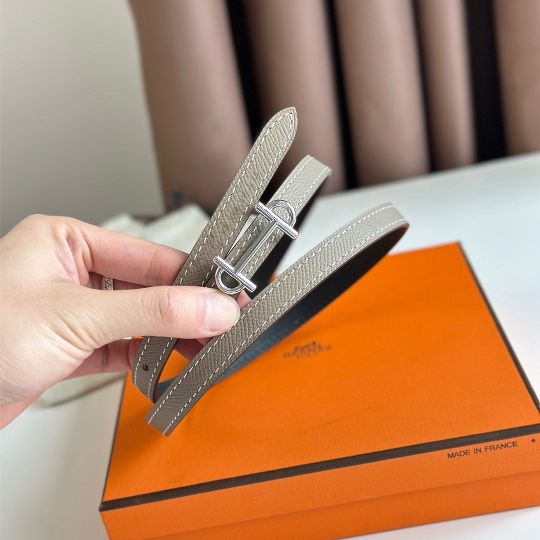 Hm Gamma Buckle & Reversible Khaki Brown And Black Leather Strap 13Mm Silver Hardware