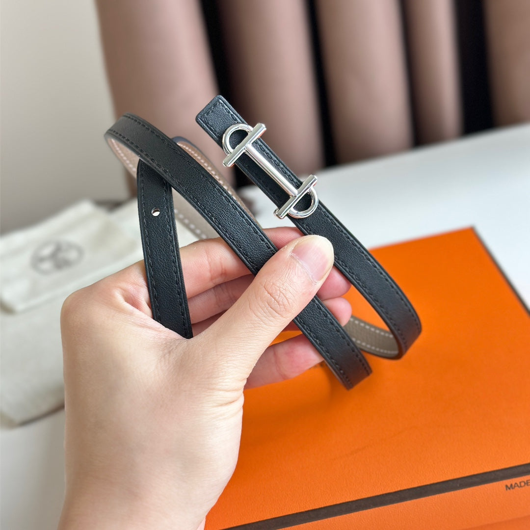 Hm Gamma Buckle & Reversible Khaki Brown And Black Leather Strap 13Mm Silver Hardware