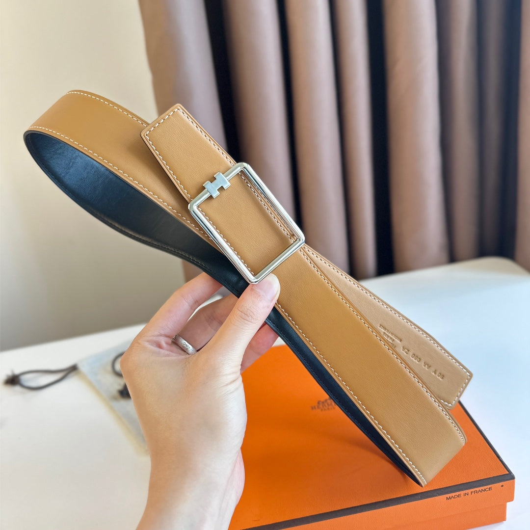 Tube H Belt Buckle & Reversible Pastel Orange And Black Leather Strap 38Mm Silver Hardware